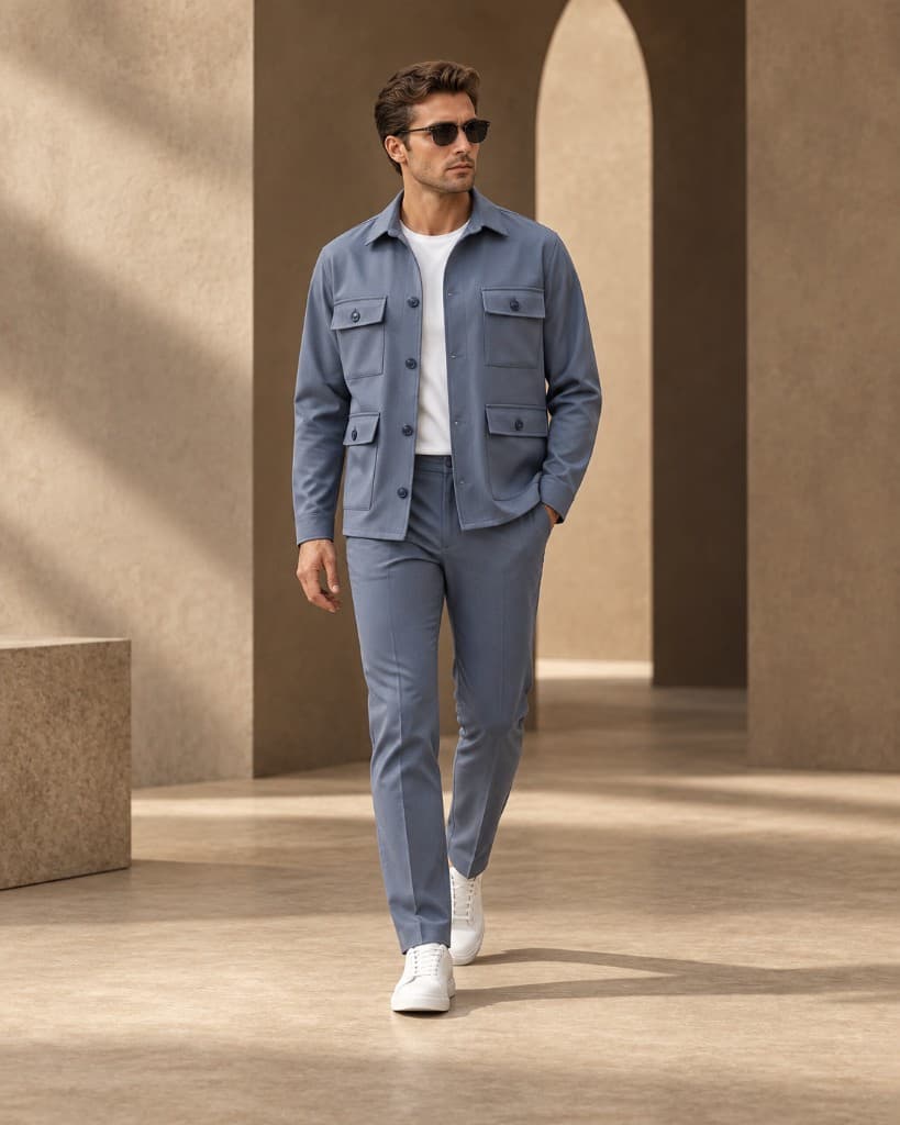 Look Guerini con overshirt blu e pantaloni coordinati tra archi dai toni caldi