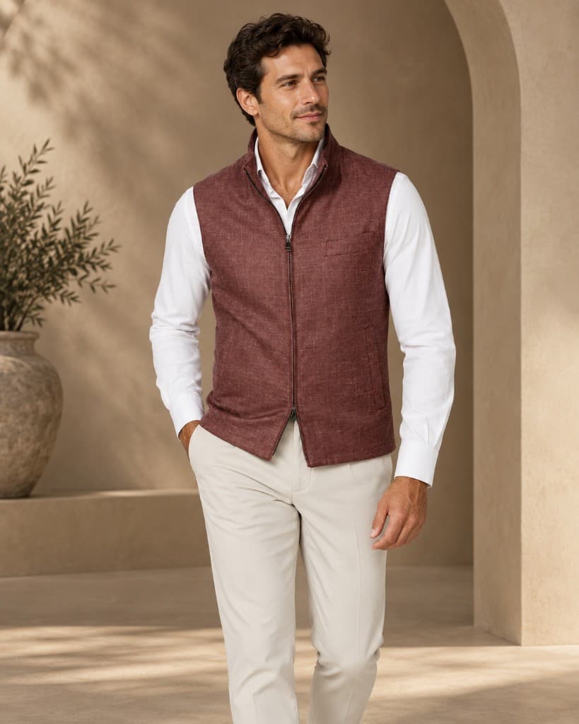 Gilet bordeaux con zip su camicia bianca Guerini