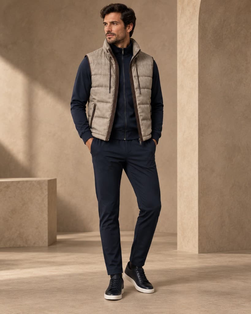 Gilet imbottito taupe su maglia navy, layering Guerini