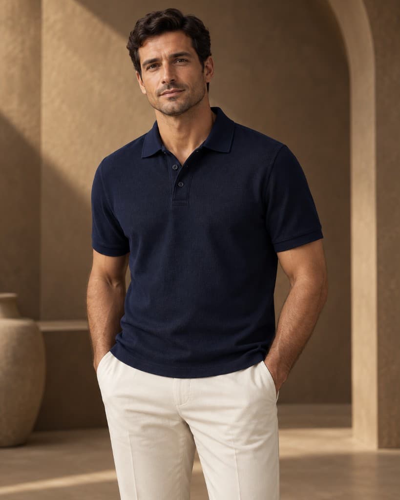 Polo navy Guerini con pantaloni chiari, capo essenziale
