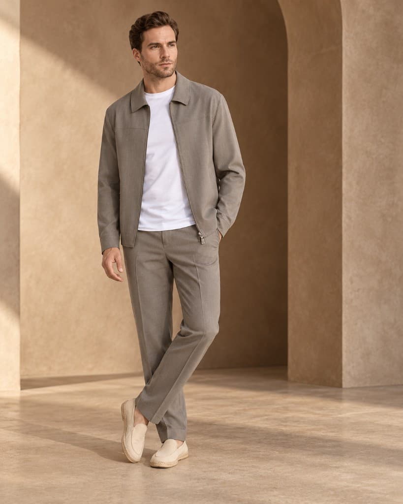 Giacca taupe con zip e t-shirt bianca, look Guerini a figura intera